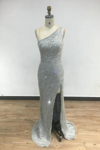 Caramel Glitter Beaded One-Shoulder Mermaid Evening Dress - Sexy High Split Sheath Gown for Graduation and Wedding Parties