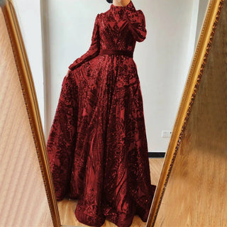 Muslim High Neck Wine Red Sparkle Evening Dress - 2024 Long Sleeve Sequined Luxury A-Line Evening Gown