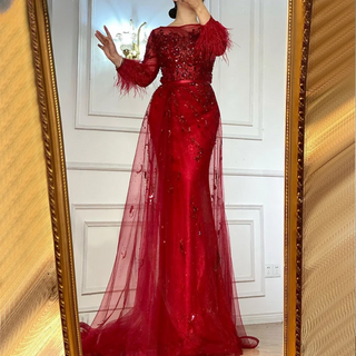 Ships in 1 to 3 Days - Wine Pink Mermaid Elegant Evening Dress 2024: O-Neck, With Overskirt, Luxury Beaded Feathers for Women's Party