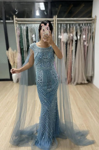 Ships in 1 to 3 Days - 2024 Arabic Blue Mermaid Elegant Cape Sleeves Beaded Luxury Evening Dresses Gowns for Women Wedding Party