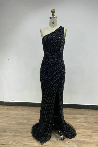 Caramel Glitter Beaded One-Shoulder Mermaid Evening Dress - Sexy High Split Sheath Gown for Graduation and Wedding Parties