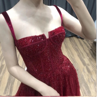 Red Beading Evening Gowns 2024 - Sleeveless A-Line Luxury Floor-Length Formal Dress Design