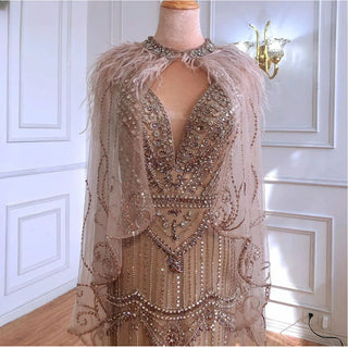 Dubai Caramel Mermaid Elegant Evening Dress 2024: Sleeveless with Shawl Yarn Feathers - Formal Attire