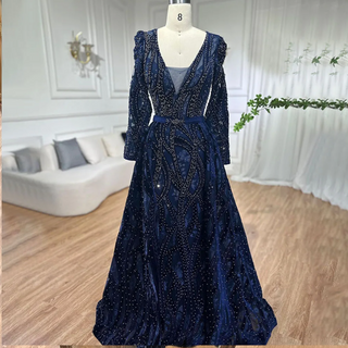 Dubai Blue Mermaid Deep-V Crystal Long Sleeves Luxury Party Dress: Formal Women's Evening Attire, 2024