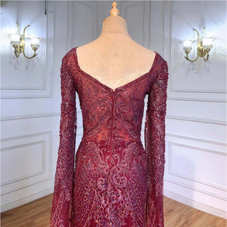 Wine Red Luxury Cape Sleeve Evening Gown 2024 - Beaded Mermaid Elegant Dress for Women's Party