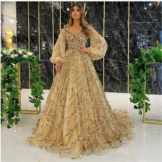 Ships in 1 to 3 Days - Muslim Gold Luxury A-Line Evening Dress 2024: Puff Sleeves, Beaded, for Woman Party