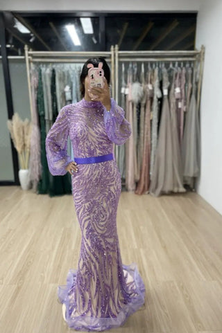 Ships in 1 to 3 Days - Luxury Lilac Dubai Mermaid Evening Dress: Elegant Long Sleeve Muslim Formal Dress for Women's Wedding Party