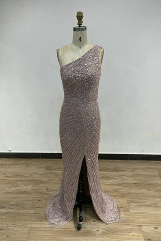 Caramel Glitter Beaded One-Shoulder Mermaid Evening Dress - Sexy High Split Sheath Gown for Graduation and Wedding Parties