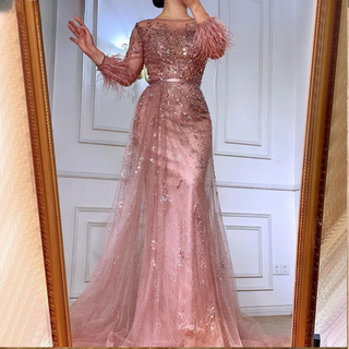 Wine Pink Mermaid Elegant Evening Dress 2024: O-Neck, With Overskirt, Luxury Beaded Feathers for Women's Party