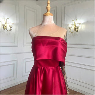 Satin Wine Red Evening Gown 2024 - A-Line One Shoulder Simple Elegant Formal Dress