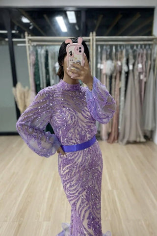 Ships in 1 to 3 Days - Luxury Lilac Dubai Mermaid Evening Dress: Elegant Long Sleeve Muslim Formal Dress for Women's Wedding Party