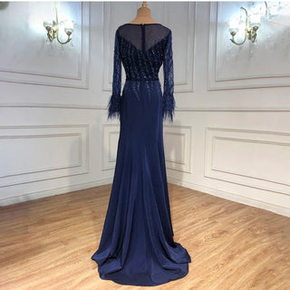 Muslim Navy Blue Mermaid Evening Dresses Gowns 2024 Luxury Elegant Beaded Feather For Women Party