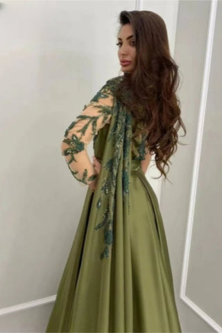 Dubai Olive Green A-Line Evening Dress - Scoop Neck Satin Gown with Cape Sleeves and Beaded Detailing for Special Events