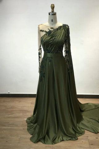 Dubai Olive Green A-Line Evening Dress - Scoop Neck Satin Gown with Cape Sleeves and Beaded Detailing for Special Events