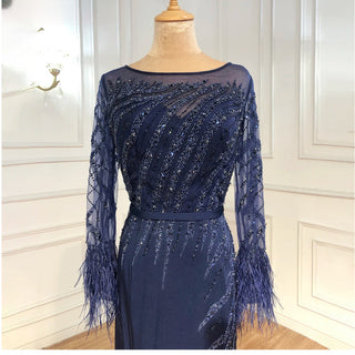 Muslim Navy Blue Mermaid Evening Dresses Gowns 2024 Luxury Elegant Beaded Feather For Women Party