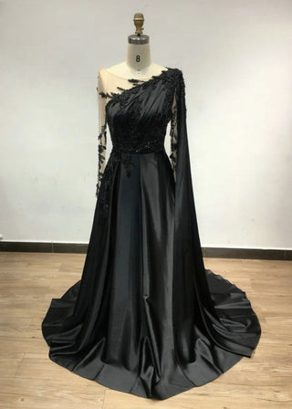 Dubai Olive Green A-Line Evening Dress - Scoop Neck Satin Gown with Cape Sleeves and Beaded Detailing for Special Events