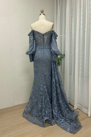 Ships in 1 to 3 Days - Arabic Elegance: Long-Sleeved Blue Mermaid Evening Dresses with Overskirt, Perfect for Wedding Parties and Plus-Size Women