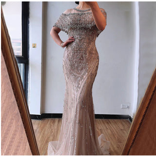 Nude Diamond Sequins Luxury Evening Dress - Dubai Mermaid Formal Gown for Women 2024