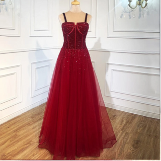 Red Beading Evening Gowns 2024 - Sleeveless A-Line Luxury Floor-Length Formal Dress Design