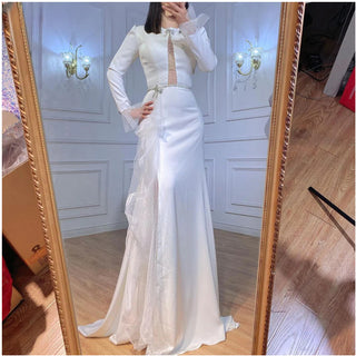 Muslim White Split Mermaid Evening Gown: Elegant Beaded Luxury for Women's Parties 2024