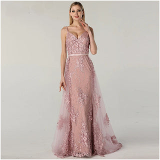 2024 Pink Sling Lace Flower Pearl Evening Dress: Sleeveless Luxury Tulle Elegance