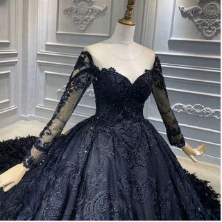 Timeless Elegance: 2024 Black Wedding Gown with Long Sleeves, O-Neck, Beading, and Feathers – Custom Made