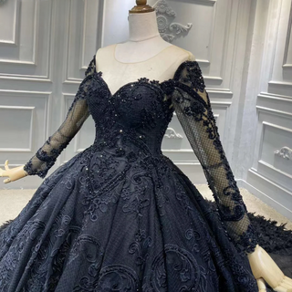 Timeless Elegance: 2024 Black Wedding Gown with Long Sleeves, O-Neck, Beading, and Feathers – Custom Made