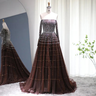 Dubai Decadence: Brown Off-Shoulder Long Sleeve Arabic Gala Gown