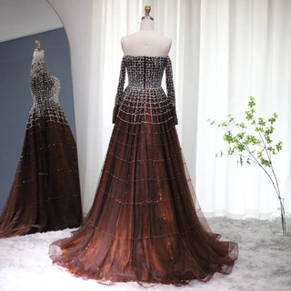 Dubai Decadence: Brown Off-Shoulder Long Sleeve Arabic Gala Gown