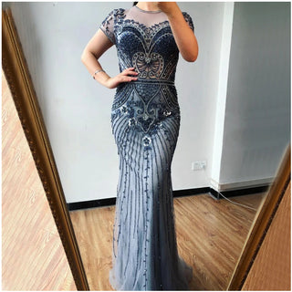 Ships in 1 to 3 Days - Dubai Grey Mermaid O-Neck Evening Dress 2024 - Beaded Diamond Luxury, Cap Sleeve Formal Gown