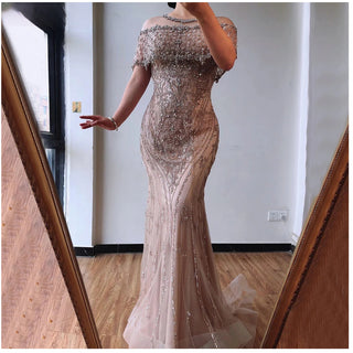 Nude Diamond Sequins Luxury Evening Dress - Dubai Mermaid Formal Gown for Women 2024