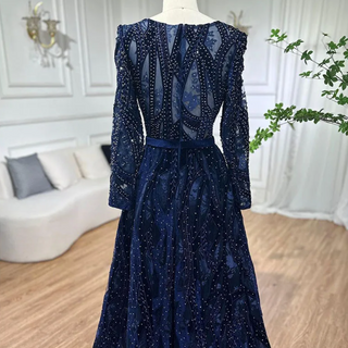 Dubai Blue Mermaid Deep-V Crystal Long Sleeves Luxury Party Dress: Formal Women's Evening Attire, 2024