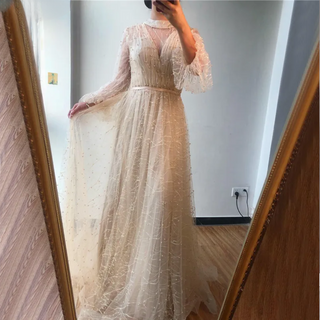 Black Peach Pearls Beach Prom Dress 2024: Long Sleeves, Sexy Tulle Gown Design - Plus Size