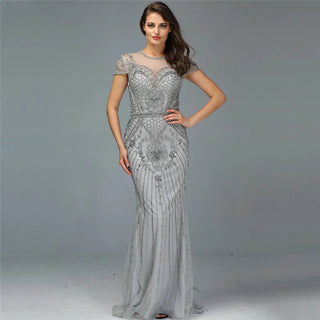 Dubai Grey Mermaid O-Neck Evening Dress 2024 - Beaded Diamond Luxury, Cap Sleeve Formal Gown