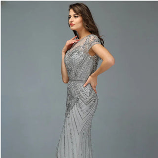 Dubai Grey Mermaid O-Neck Evening Dress 2024 - Beaded Diamond Luxury, Cap Sleeve Formal Gown