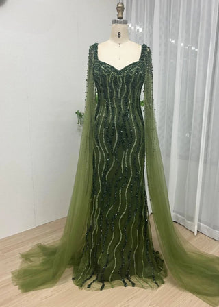 Ships in 1 to 3 Days - Gorgeous Green Arabic Mermaid Evening Dress - Beaded Muslim Gown with Cape Sleeves for Wedding Parties