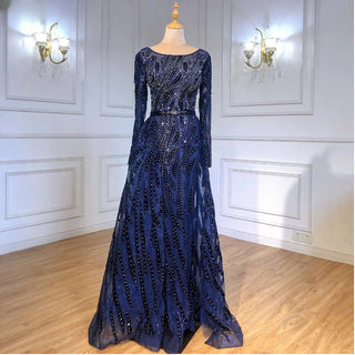 Navy Nightscape: Velvet Muslim Mermaid Gown with Crystal Accents, Overskirt, and Long Sleeves for Plus Size Evening Elegance.