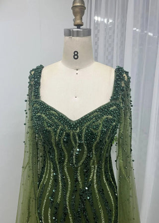 Ships in 1 to 3 Days - Gorgeous Green Arabic Mermaid Evening Dress - Beaded Muslim Gown with Cape Sleeves for Wedding Parties