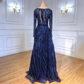 Navy Nightscape: Velvet Muslim Mermaid Gown with Crystal Accents, Overskirt, and Long Sleeves for Plus Size Evening Elegance.