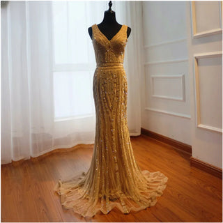 New Deep-V Elegant Mermaid Tulle Evening Dress - 2024 Full Crystal Cap Sleeves Fashionable Evening Gown