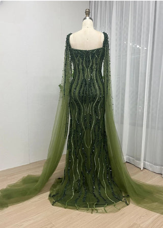 Ships in 1 to 3 Days - Gorgeous Green Arabic Mermaid Evening Dress - Beaded Muslim Gown with Cape Sleeves for Wedding Parties