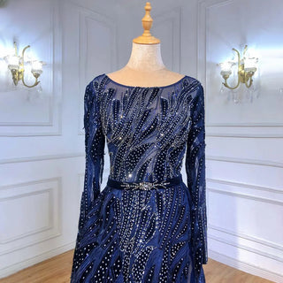 Navy Nightscape: Velvet Muslim Mermaid Gown with Crystal Accents, Overskirt, and Long Sleeves for Plus Size Evening Elegance.