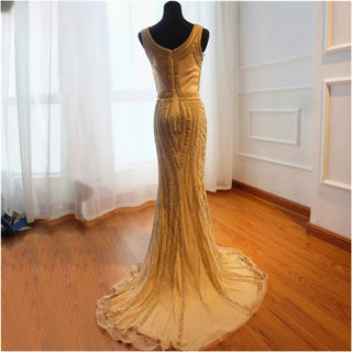 New Deep-V Elegant Mermaid Tulle Evening Dress - 2024 Full Crystal Cap Sleeves Fashionable Evening Gown