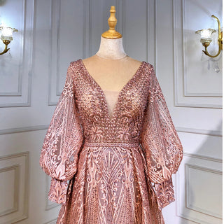 Dubai Twilight Glow: Elegant Long Sleeve Overskirt Evening Dress with 2024 Luxury Crystal Embellishments, Perfect for Plus Size Women at Navy Blue Wedding and Formal Parties.