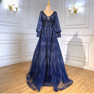 Dubai Twilight Glow: Elegant Long Sleeve Overskirt Evening Dress with 2024 Luxury Crystal Embellishments, Perfect for Plus Size Women at Navy Blue Wedding and Formal Parties.