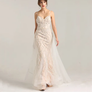 Crystal-Embellished Long White and Nude Mermaid Evening Dress - 2024 Elegant Gown