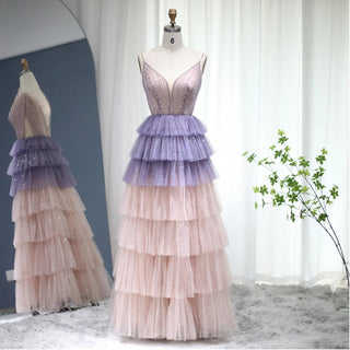 Dubai Twilight Sparkle: Ombre Lilac and Pink Evening Dress with Cape Sleeves, 2024 Luxury Fashion for Women at Wedding Parties and Formal Events.