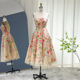 Blossom Affair: Garden Embroidery Short Evening Dress with Jacket - Ankle-Length Midi Elegance for Wedding Guests and Formal Parties.