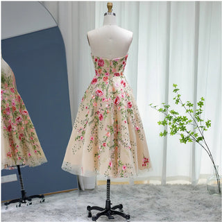 Blossom Affair: Garden Embroidery Short Evening Dress with Jacket - Ankle-Length Midi Elegance for Wedding Guests and Formal Parties.