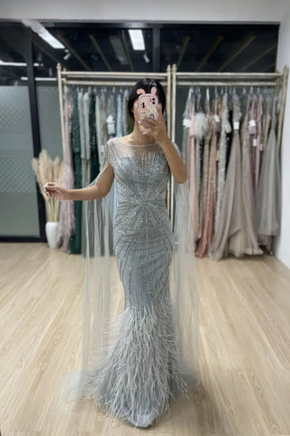 Ships in 1 to 3 Days - Luxury Dubai Lilac Feathers Evening Dresses with Cape Sleeves: Arabic Elegance for 2024 Women's Wedding Party and Prom Dress